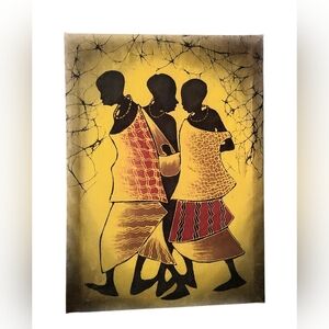 African Batik Art Depicting 3 Figures. 18 X 25 Inches